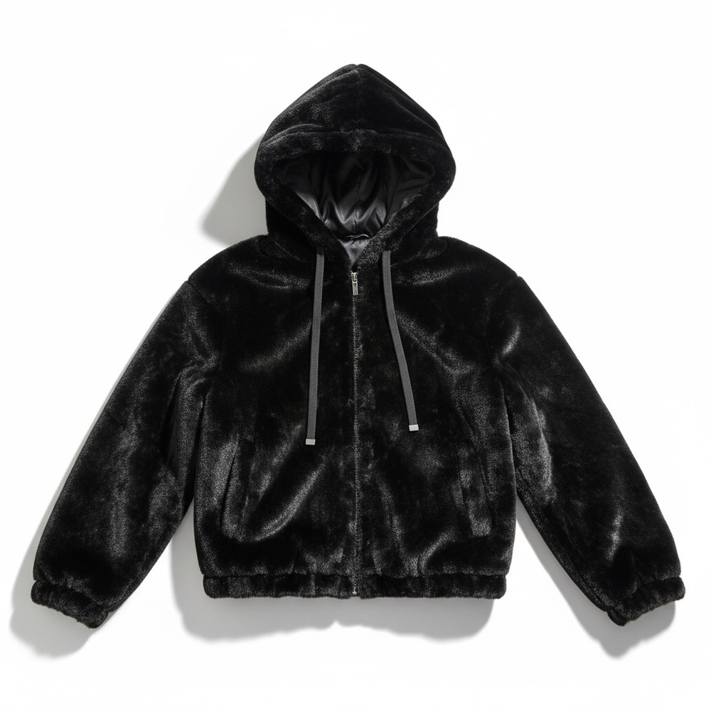 Black Faux Fur Zip Up Hoodie Jacket S/M Elastic Hem Cozy Plush